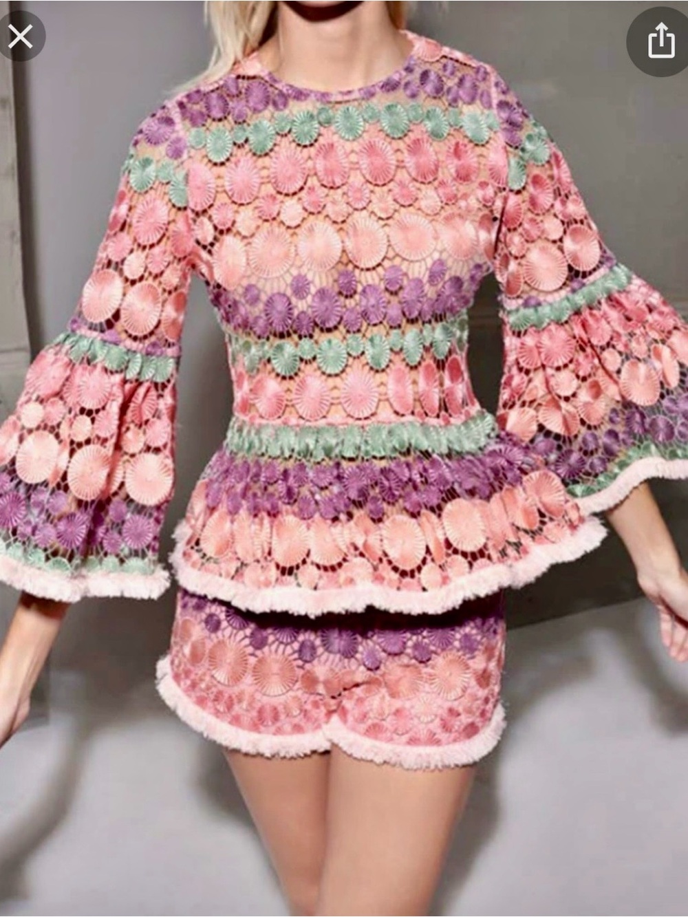 Alexis Pink Crochet Short Set with Multicolor Embroidery